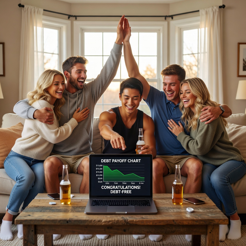 Group of young White and Asian men high-fiving over debt payoff chart