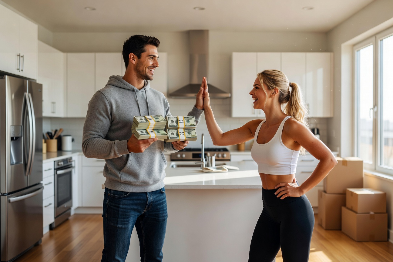 Young healthy White man triumphantly stacking cash in modern apartment, cheerful girlfriend high-fiving him