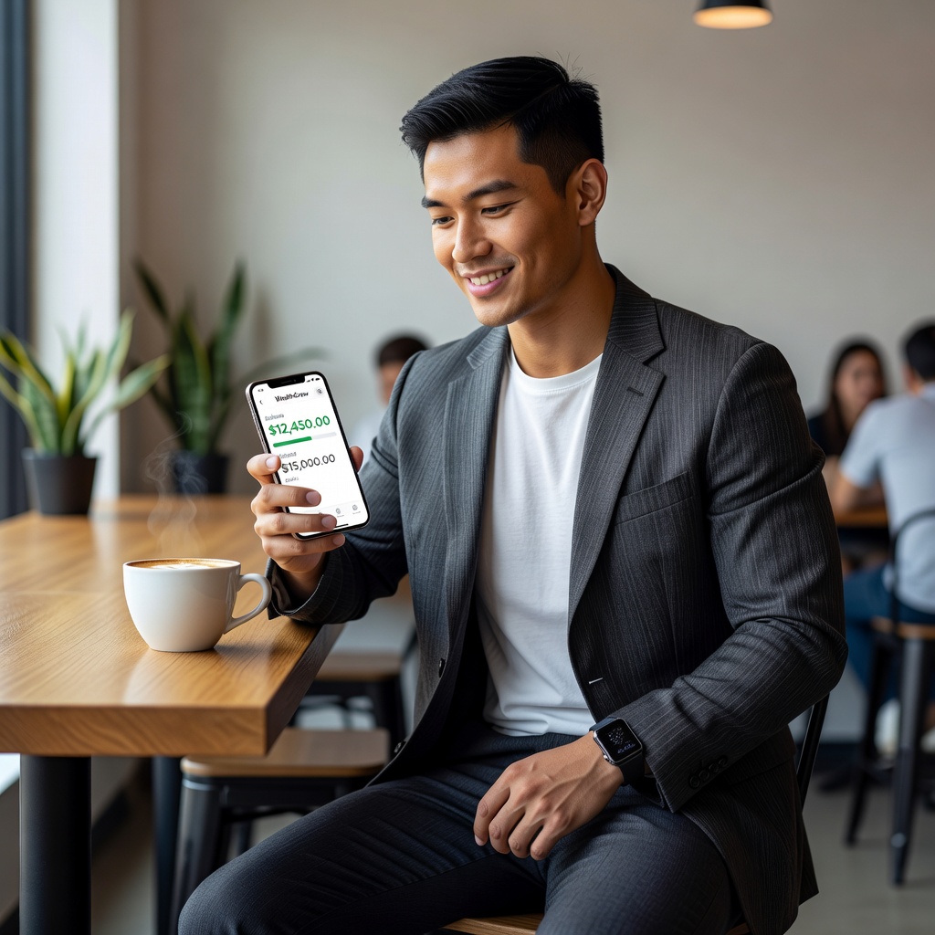 Healthy Asian man in 20s using savings app on phone during coffee break, smiling confidently