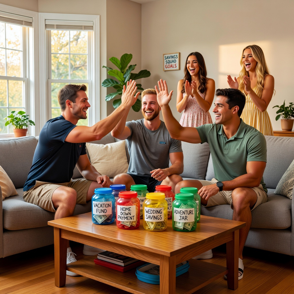 Group of healthy White men high-fiving over savings jars, cheerful girlfriends cheering in background, casual home setting