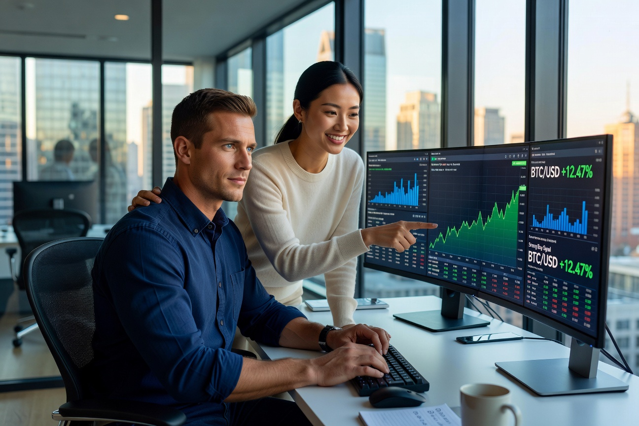 Young White investor in modern home office analyzing Bitcoin ETF charts on dual monitors, with cheerful Asian girlfriend pointing excitedly at rising graph