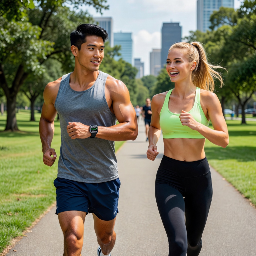 Healthy Asian man in his 20s jogging outdoors with good-looking cheerful White girlfriend, both smiling confidently while checking investment app on smartwatch
