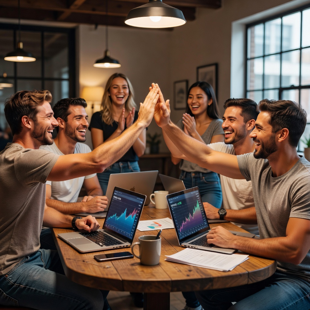 Group of healthy White and Asian men (four White, two Asian) in casual attire high-fiving around a poker table repurposed as investment strategy session, with cheerful girlfriends cheering in background
