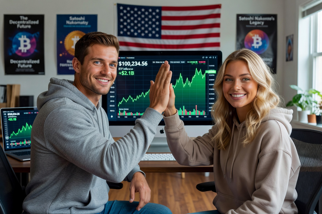 Bitcoin price chart soaring past $100K with ETF inflow bars exploding upward