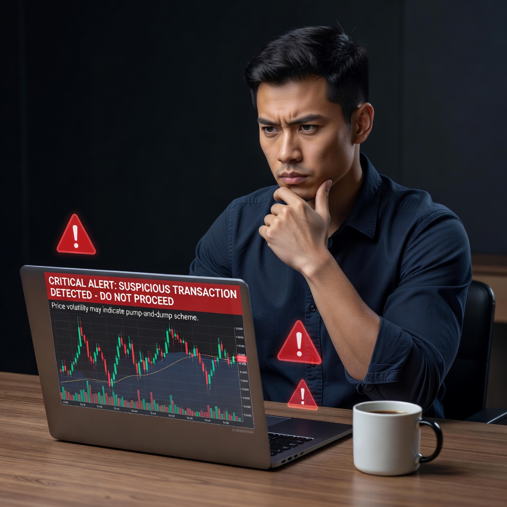 Young investor skeptically reviewing crypto charts on laptop amid scam warning signs