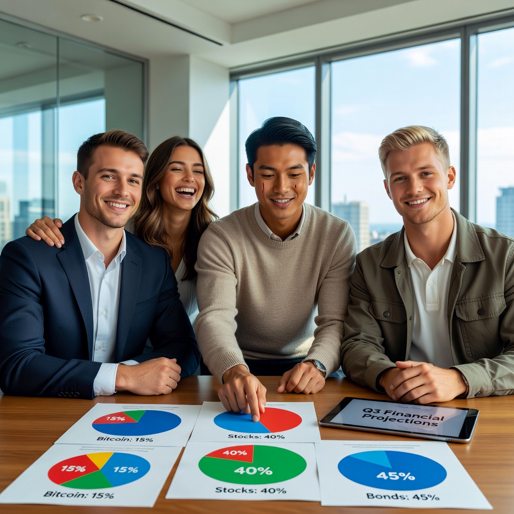 Group of healthy young White and Asian men discussing diversified investment portfolios with charts