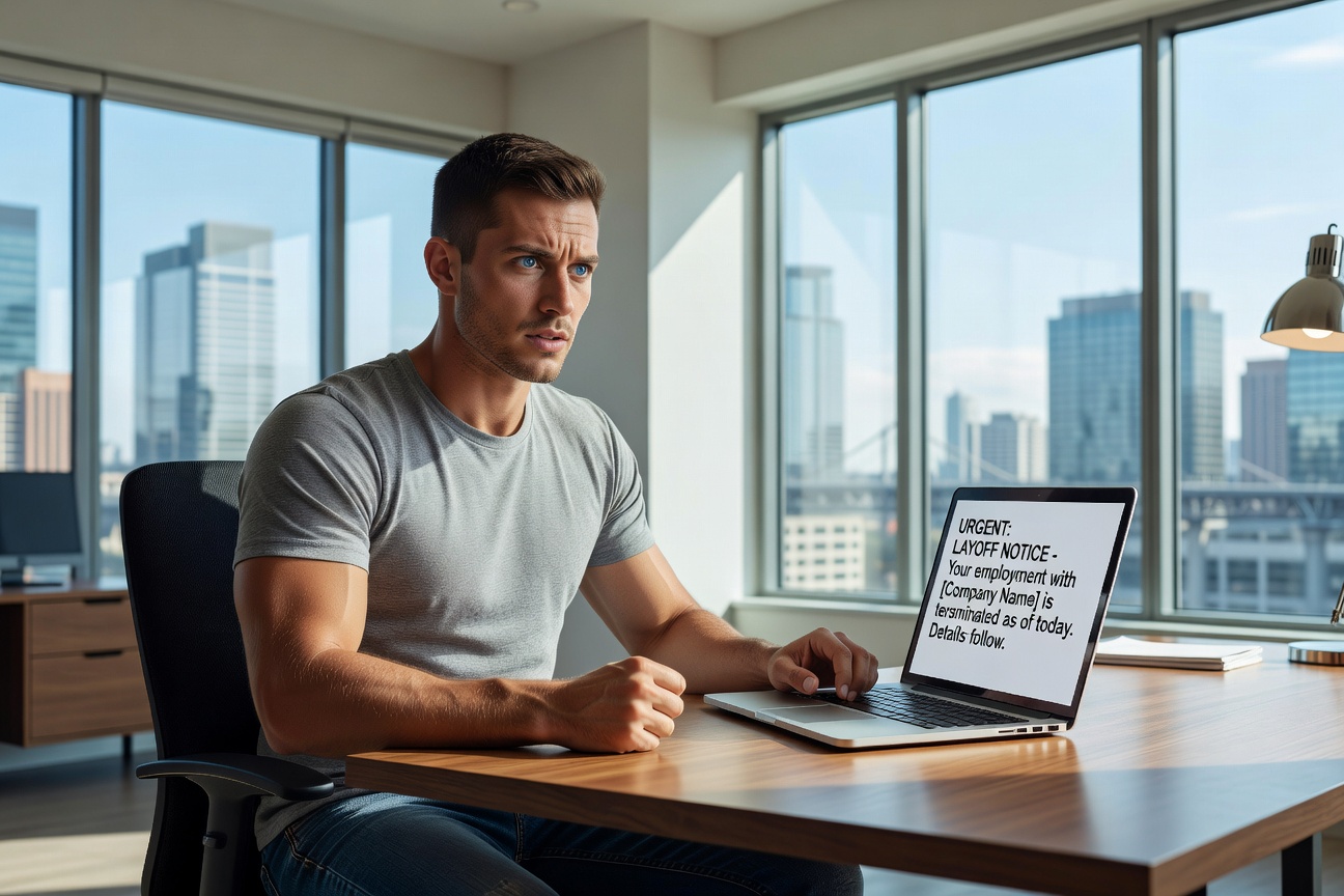 Healthy young White man staring shocked at layoff email on laptop in home office