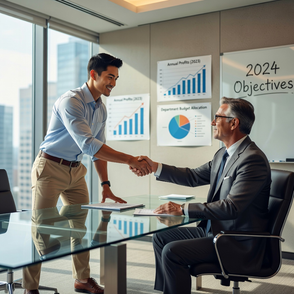 Healthy young Asian man confidently negotiating salary in modern office meeting