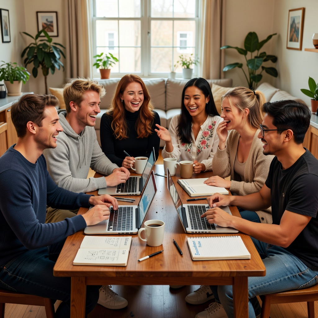 Group of healthy young White and Asian men with cheerful girlfriends brainstorming business ideas around a table