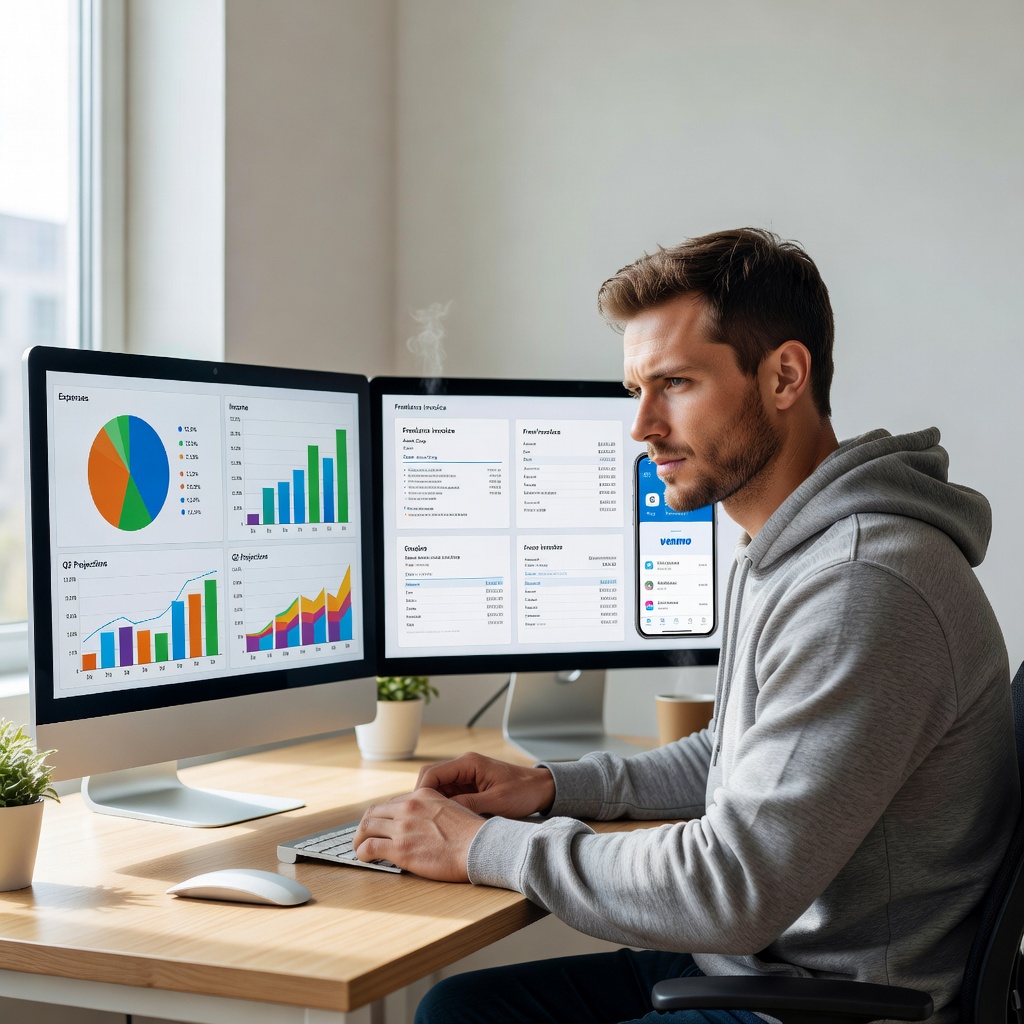Fit young White man analyzing tax charts and freelance invoices on dual monitors