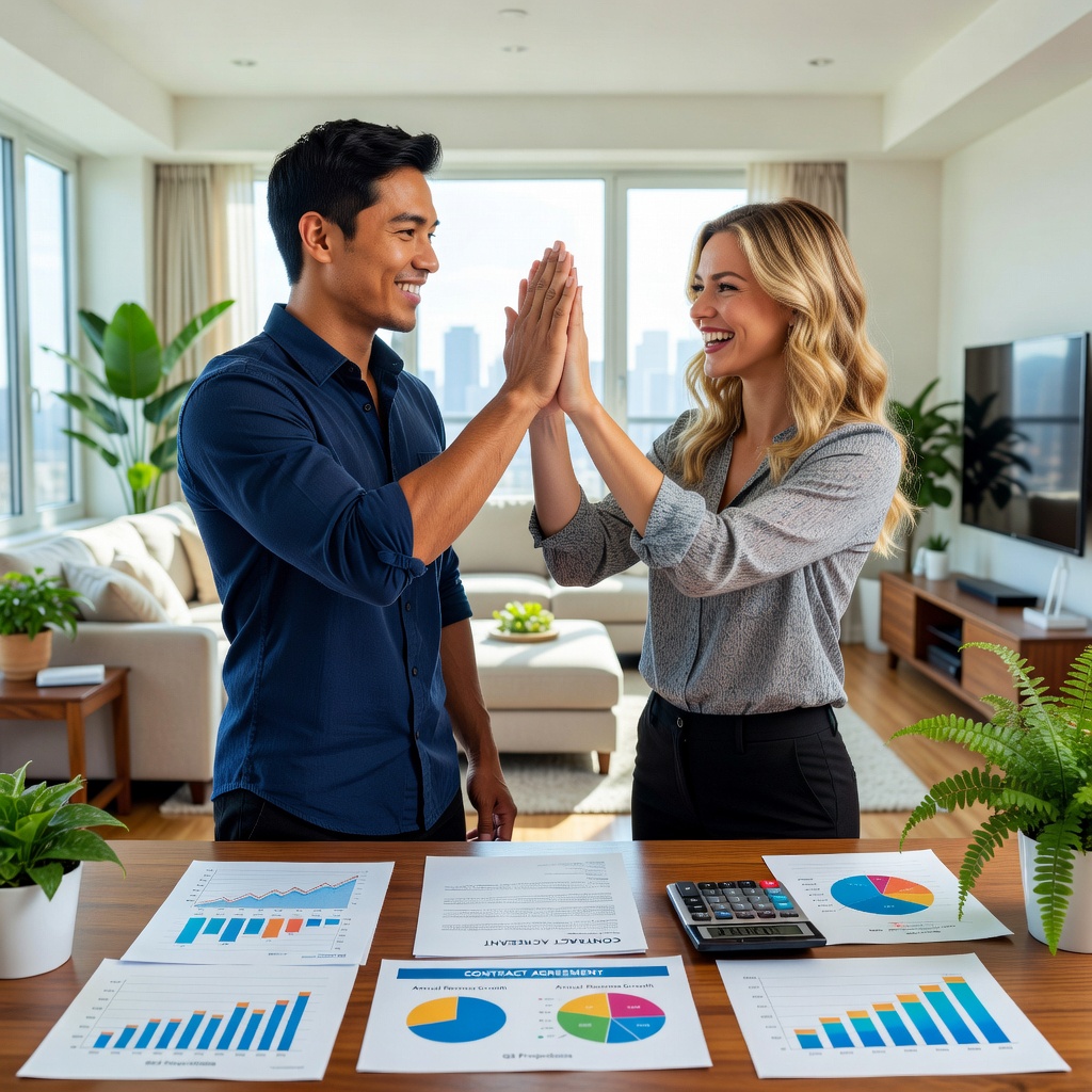 Healthy Asian man high-fiving cheerful girlfriend while reviewing contract documents