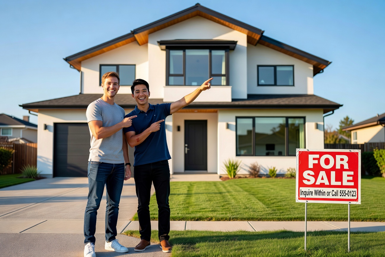 Young white man and Asian friend examining a for-sale house sign with excited expressions