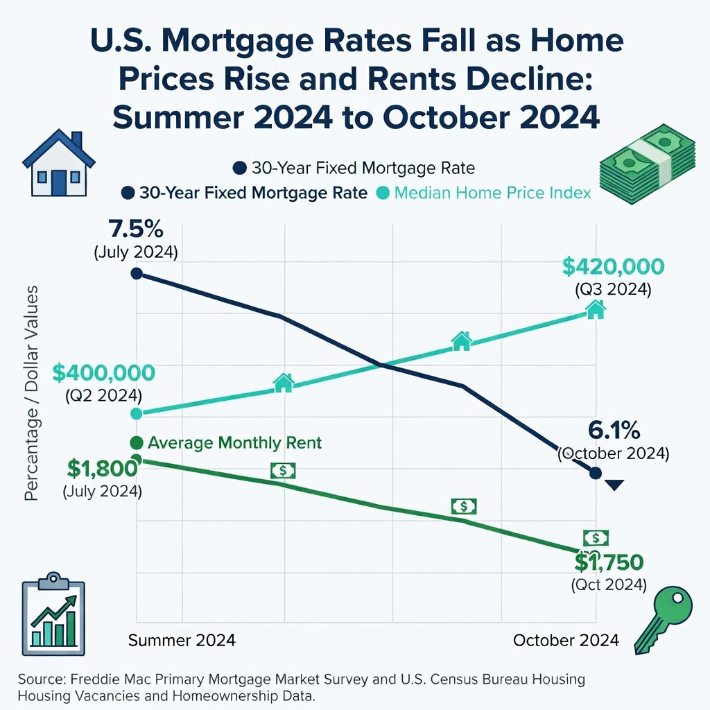 Infographic chart of declining US mortgage rates from 7% to 6% in 2024 with house and money icons