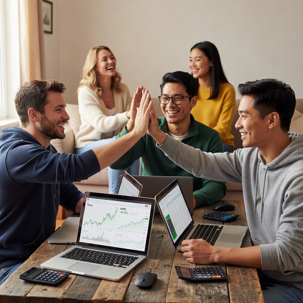 Healthy Asian man and White buddy high-fiving over investment charts on laptop with girlfriends smiling nearby