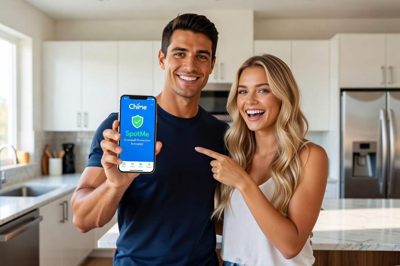 Young white man smiling at Chime app showing SpotMe overdraft coverage