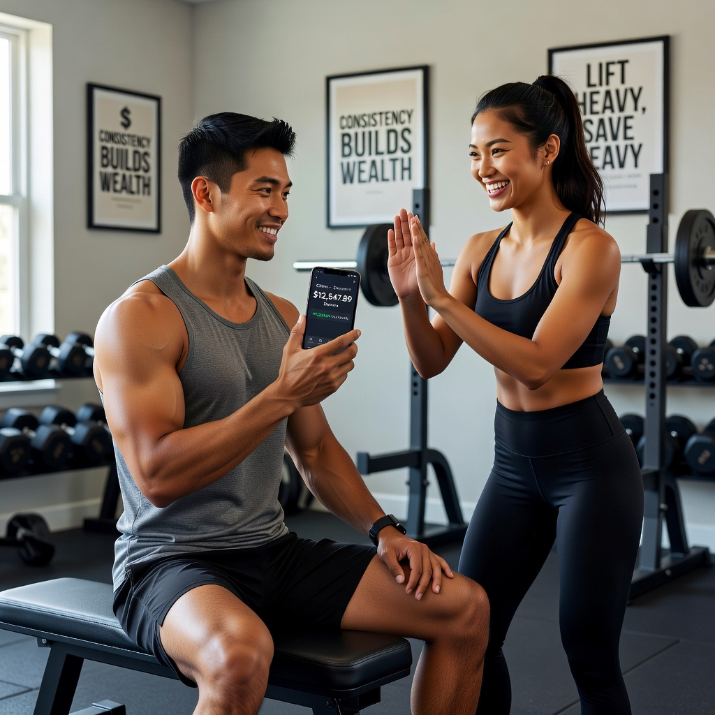Asian man in gym reviewing Chime savings growth on phone with girlfriend