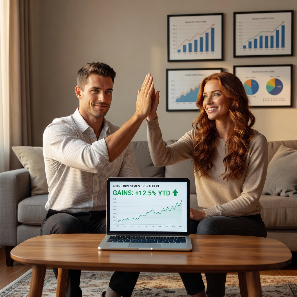 White couple high-fiving over Chime investment gains on laptop
