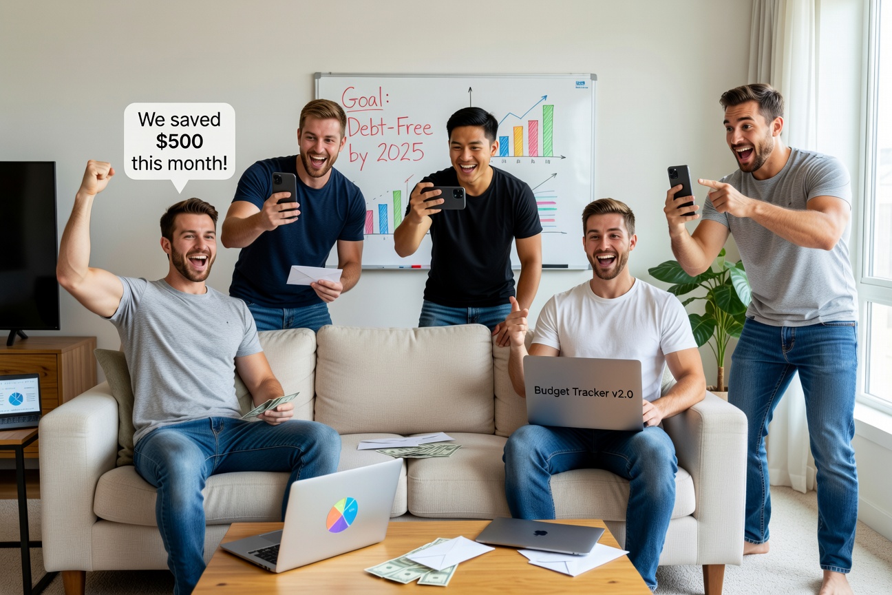 Young White and Asian men filming loud budgeting TikToks on their phones in a modern living room, charts and cash envelopes visible, energetic and confident expressions