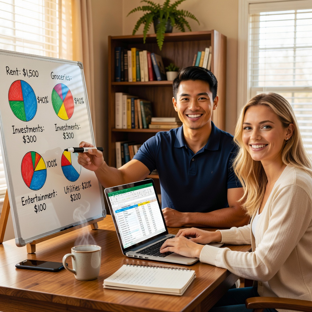 Healthy young Asian man in casual attire, smiling broadly with his cheerful good-looking girlfriend, holding up a whiteboard with budget categories and dollar amounts in a sunny home office