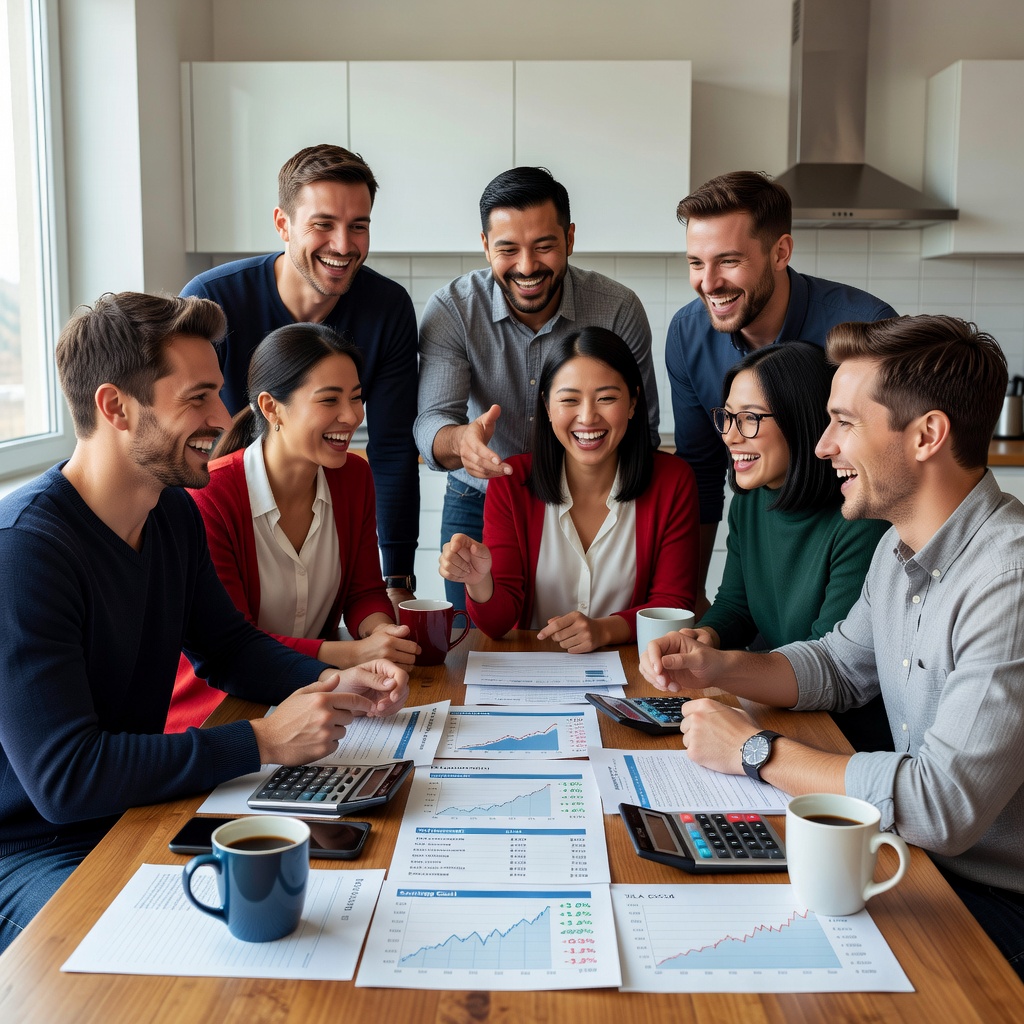 Group of healthy White men (four) and one Asian man, all cheerful with two good-looking girlfriends, gathered around a table reviewing printed budgets and stock charts, laughing and motivated