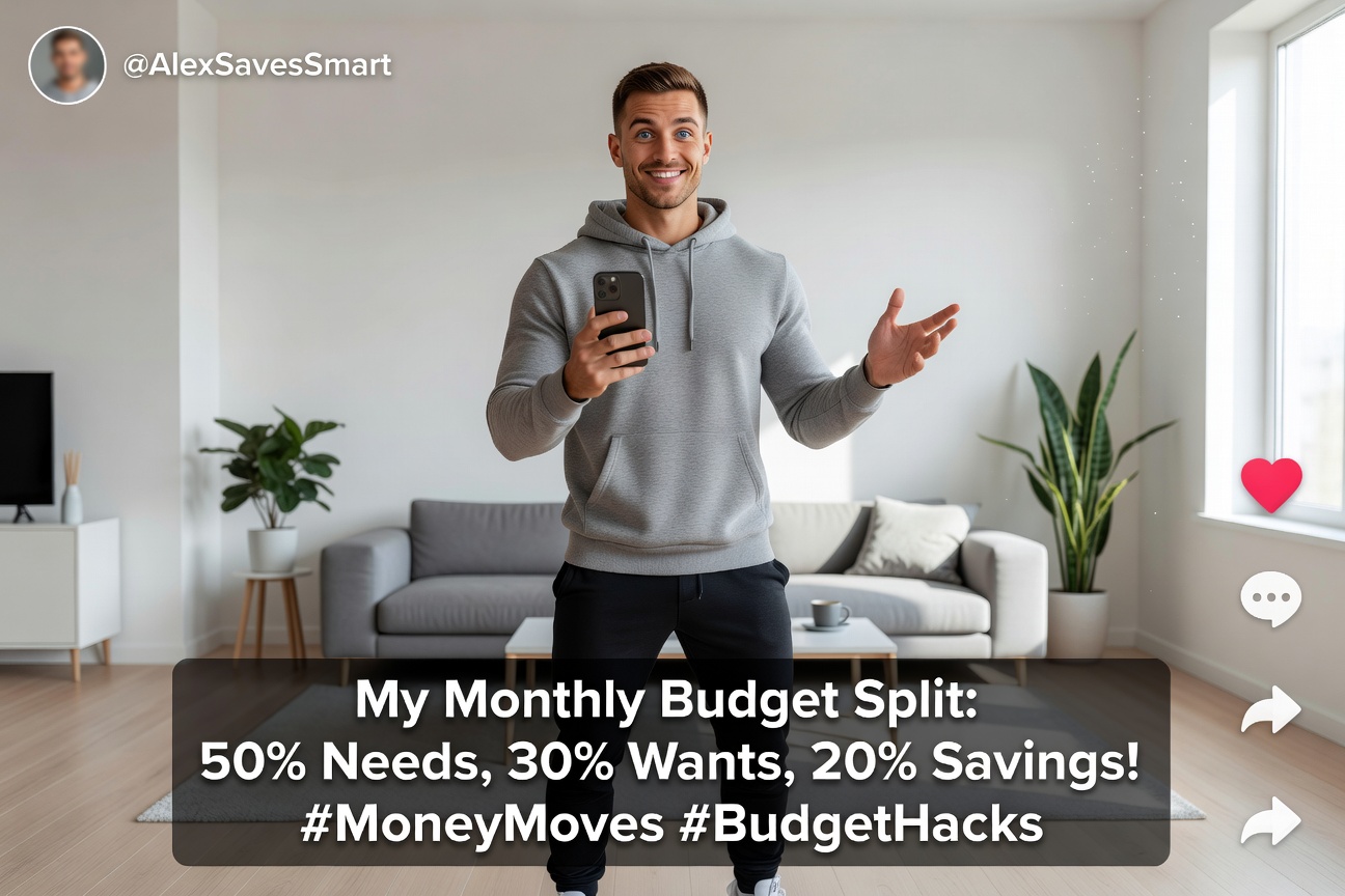Young white man filming TikTok video sharing his loud budget breakdown on smartphone, cheerful expression amid minimalist home setup