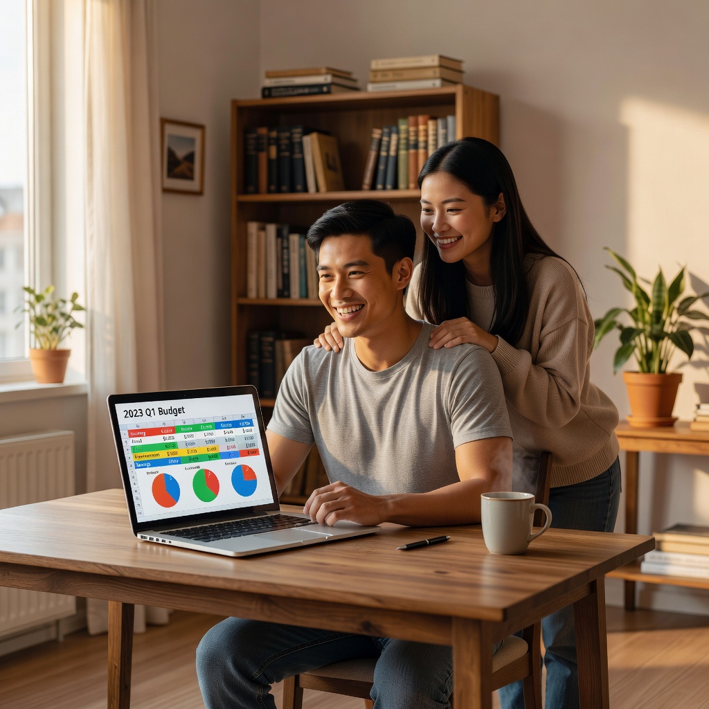 Healthy Asian man in casual attire at desk, grinning while updating budget spreadsheet on laptop with cheerful girlfriend peeking over shoulder
