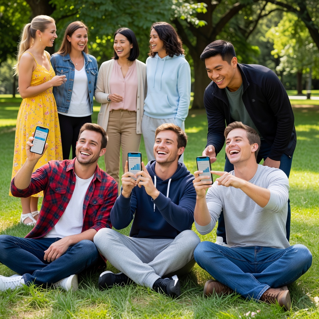Group of three healthy white men and one Asian man laughing together outdoors, phones out comparing budgets, girlfriends in background smiling supportively