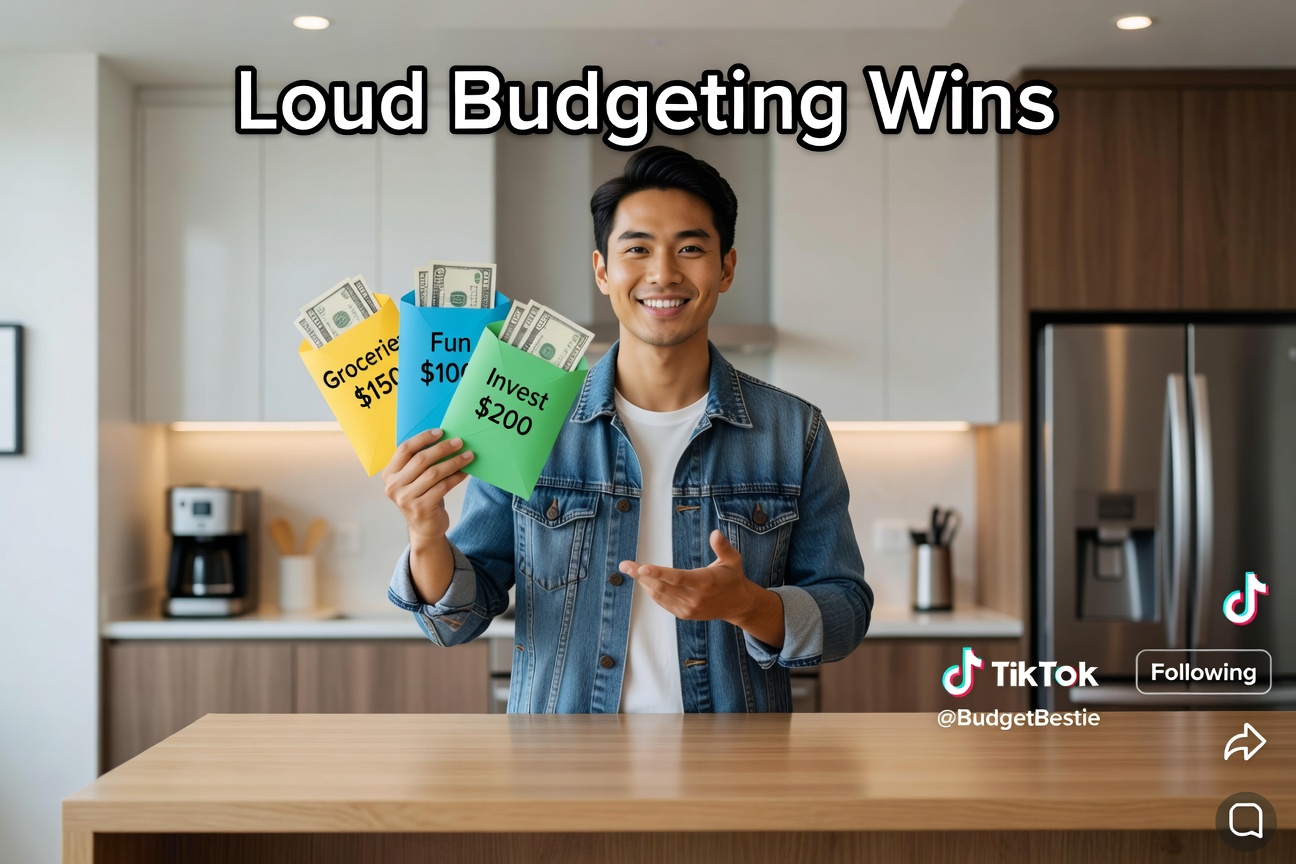 Young Asian man confidently displaying cash-stuffed envelopes labeled with budget categories on a wooden table, vibrant TikTok-style lighting
