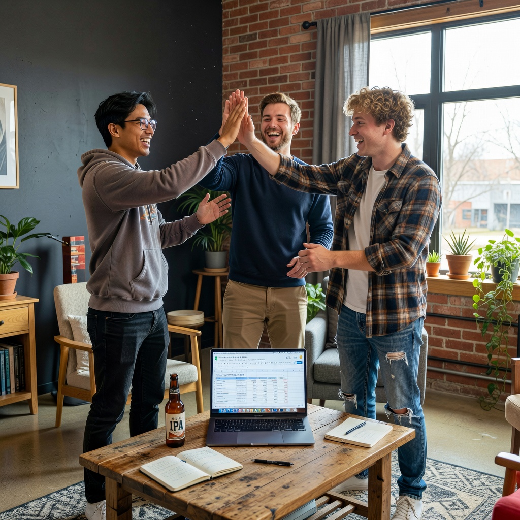 Group of young White and Asian men high-fiving over shared budget spreadsheet on laptop in modern apartment, energetic and triumphant atmosphere