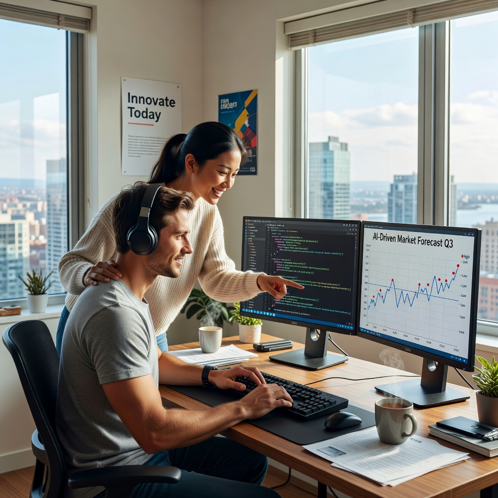 Healthy White man in modern home office, coding AI tools with cheerful Asian girlfriend reviewing charts