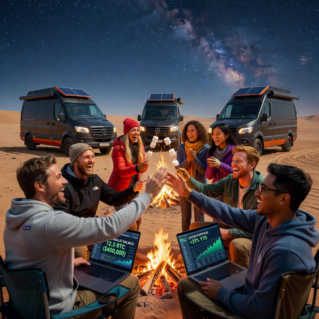 Group of healthy Asian and White men around campfire in van setup, laptops open to investment dashboards, with cheerful girlfriends laughing