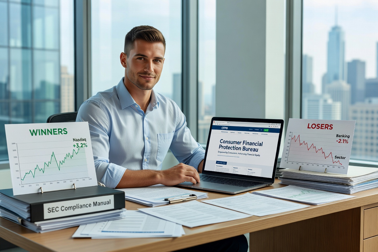 Young professional analyzing financial policy documents on a sleek desk with charts showing winners and losers curves