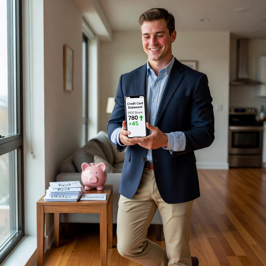 Healthy White man in his 20s reviewing credit card statement on phone, looking relieved with upward trending score graph