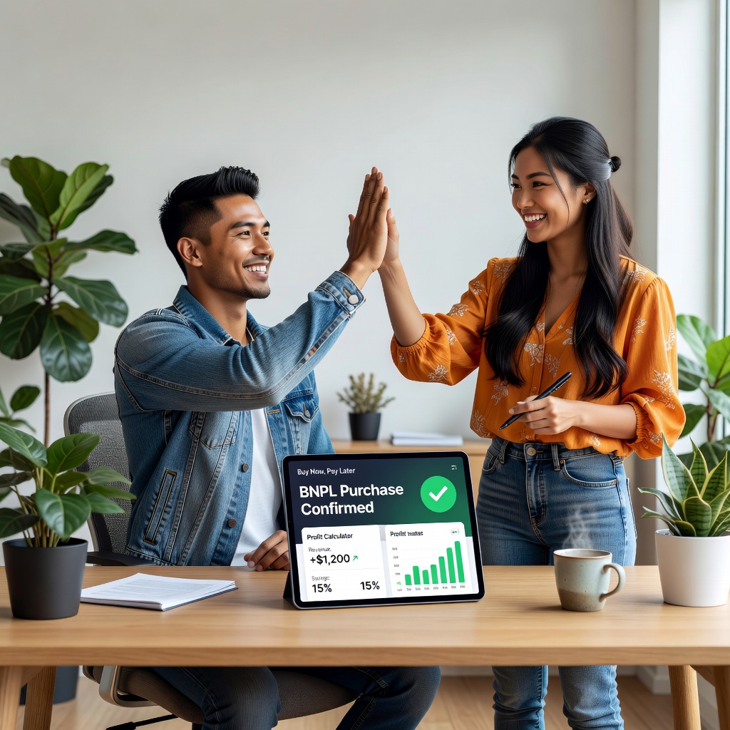 Asian entrepreneur in modern workspace high-fiving cheerful girlfriend over BNPL transaction success on tablet