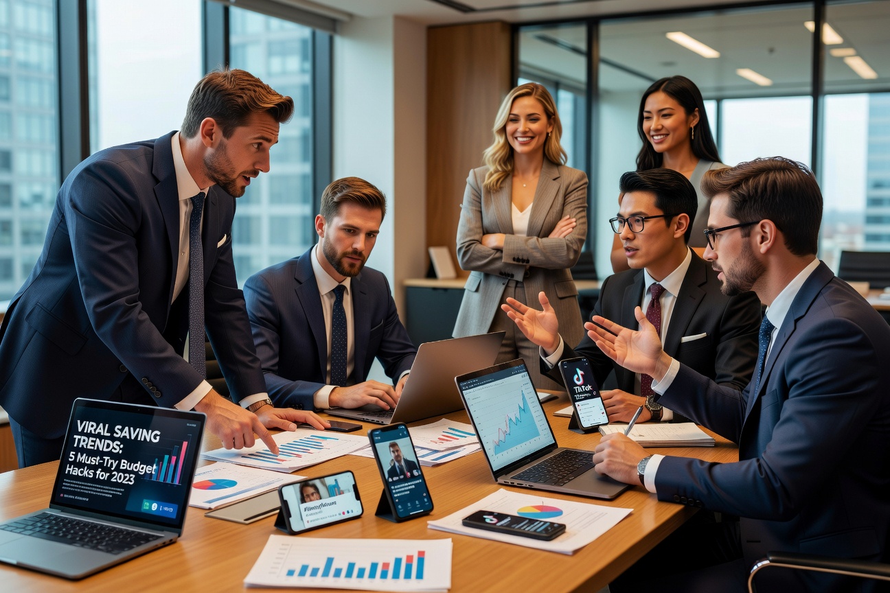 Group of young professionals in a modern conference room debating financial charts and viral social media trends on screens, healthy White and Asian men collaborating energetically with cheerful girlfriends observing smilingly