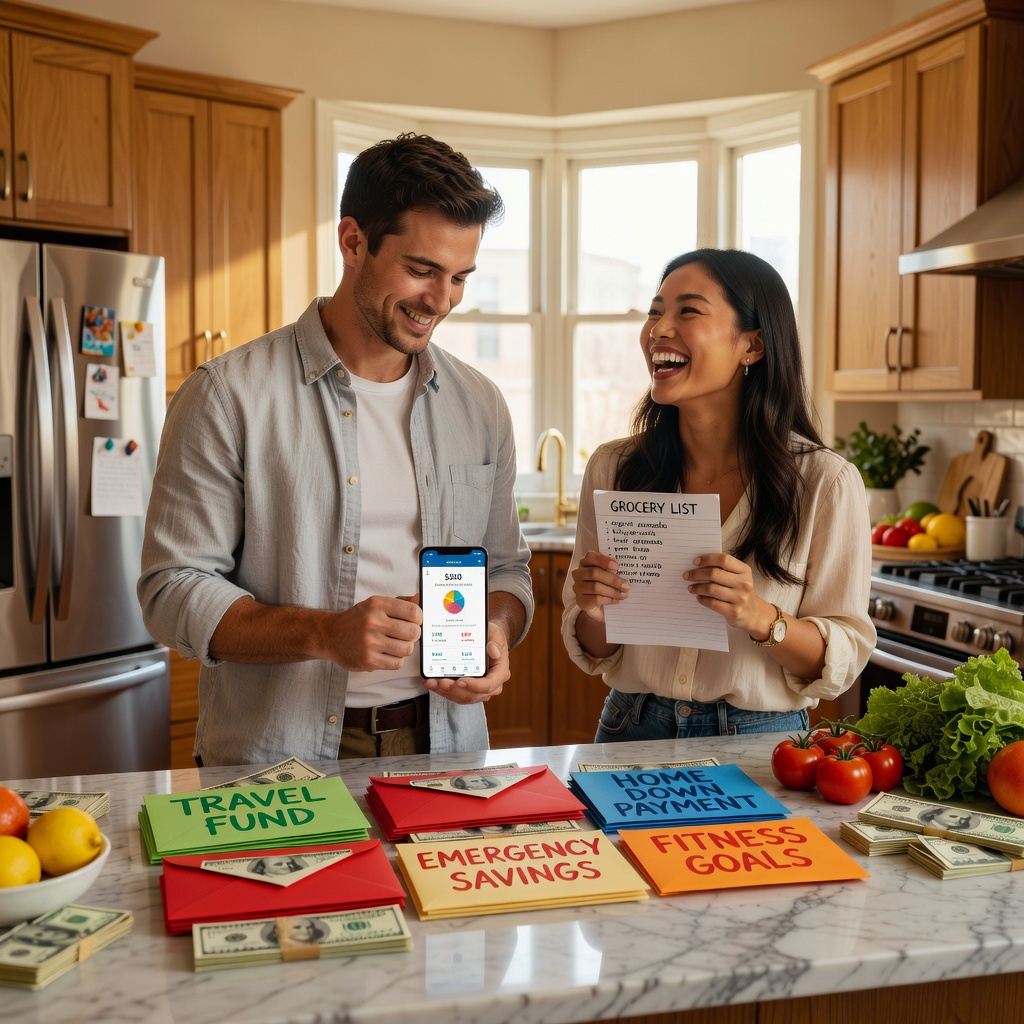 Healthy White man in his mid-20s examining colorful cash-stuffed envelopes on a kitchen table, cheerful Asian girlfriend laughing nearby, modern apartment setting with financial apps on phone