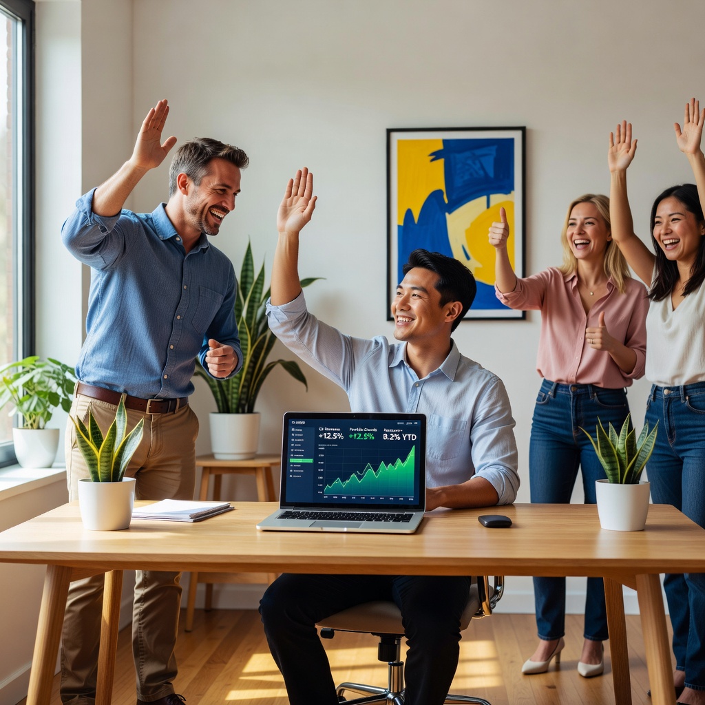 Asian entrepreneur man in early 30s at desk with laptop showing investment growth charts, healthy White business partner high-fiving, cheerful girlfriends cheering in background office