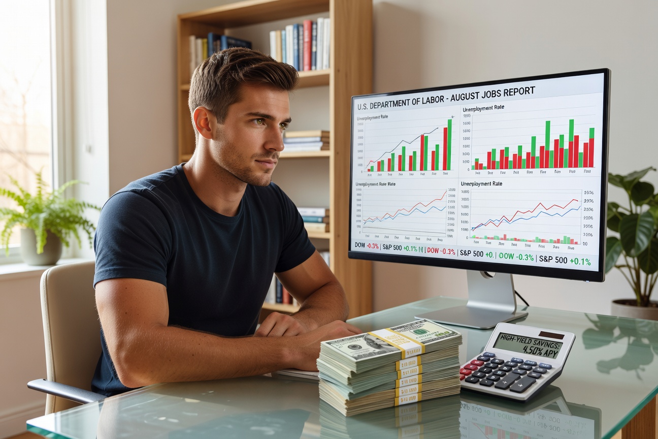 Young White man analyzing economic charts on dual monitors in a sleek home office, cash stack nearby symbolizing savings priority