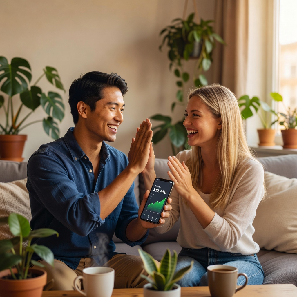 Healthy Asian man in 20s high-fiving cheerful White girlfriend over high-yield savings app on phone, cozy apartment setting