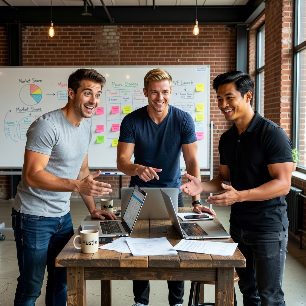 Group of healthy White and Asian men in casual attire brainstorming business ideas around a table, laptops open, energetic atmosphere
