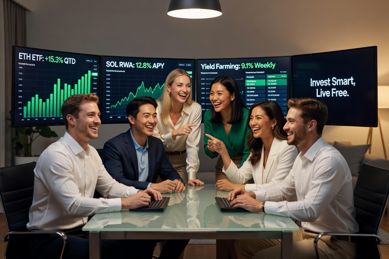 Young White and Asian men reviewing crypto ETF charts with girlfriends in a vibrant trading setup