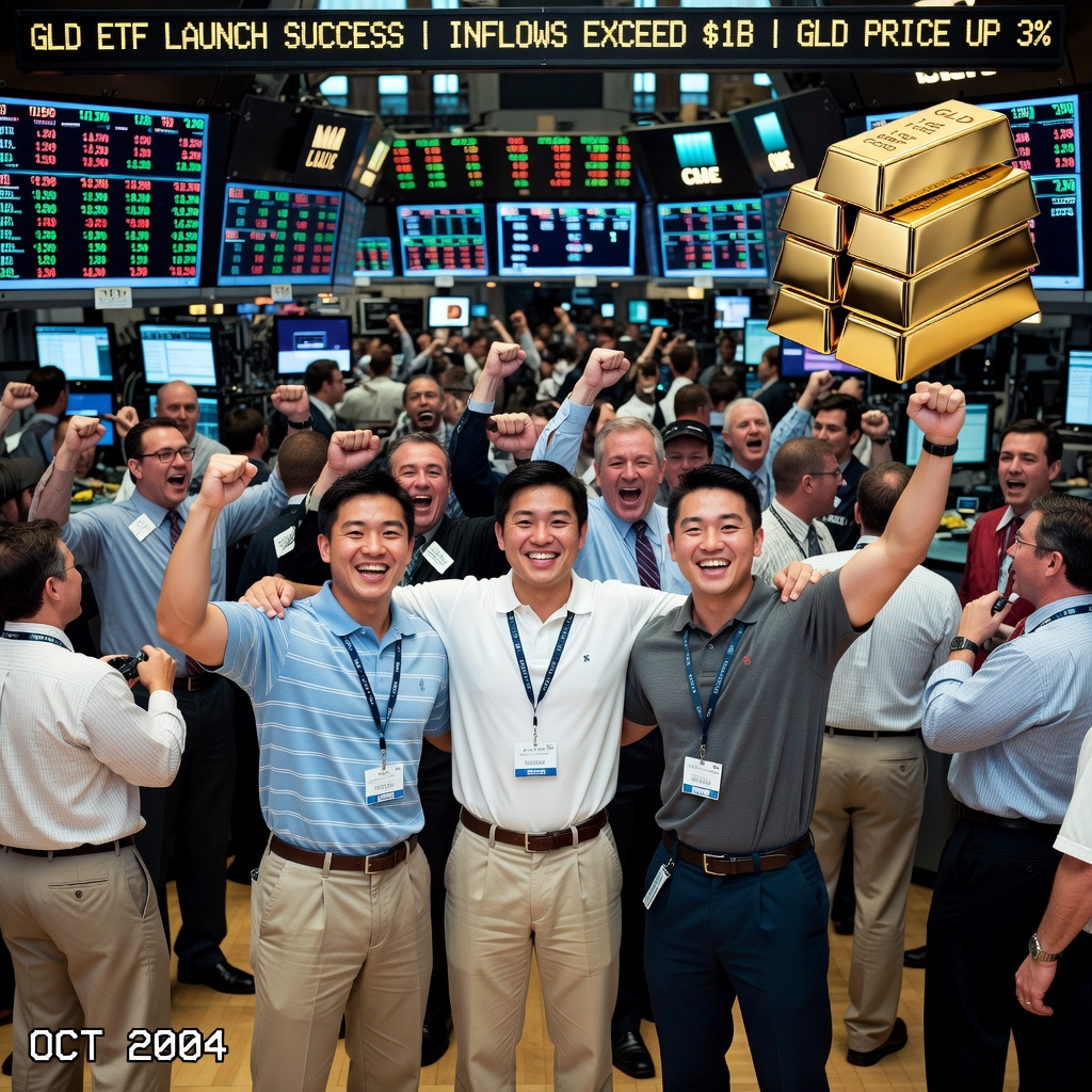 Archival-style depiction of 2004 gold ETF trading floor with young Asian traders celebrating inflows