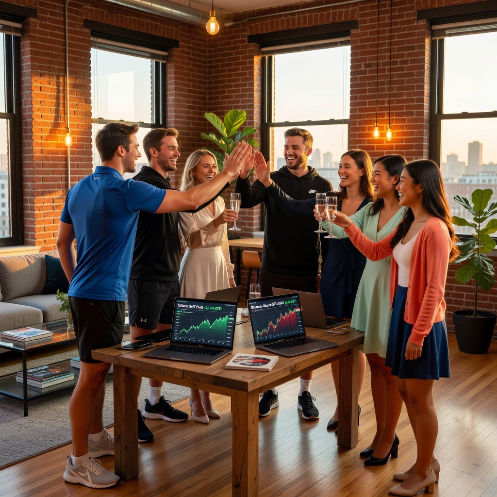 Cheerful group of White and Asian men and their girlfriends toasting crypto portfolio gains in a loft