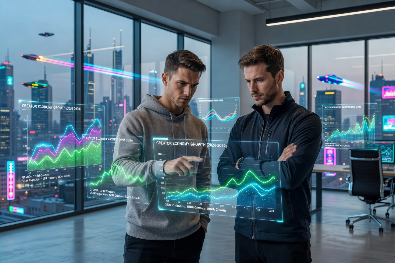 Futuristic digital workspace with young entrepreneurs charting creator economy growth charts on holographic screens