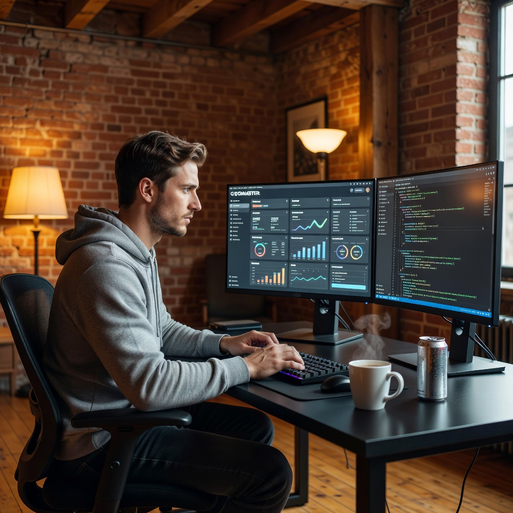 Young White man coding AI tools on dual monitors in sleek loft, surrounded by glowing screens displaying freelance dashboards