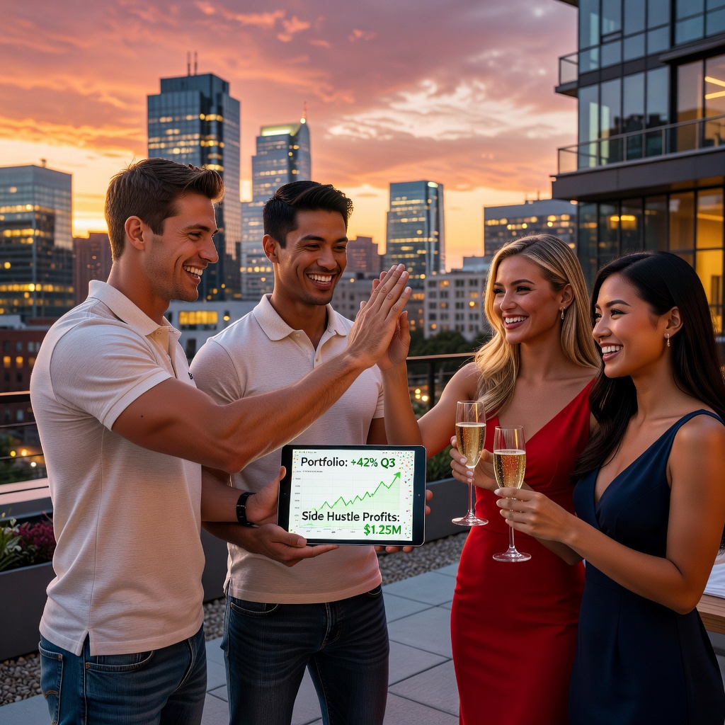 Group of cheerful young Asian and White men high-fiving over investment charts, girlfriends toasting with success vibes in trendy rooftop setting