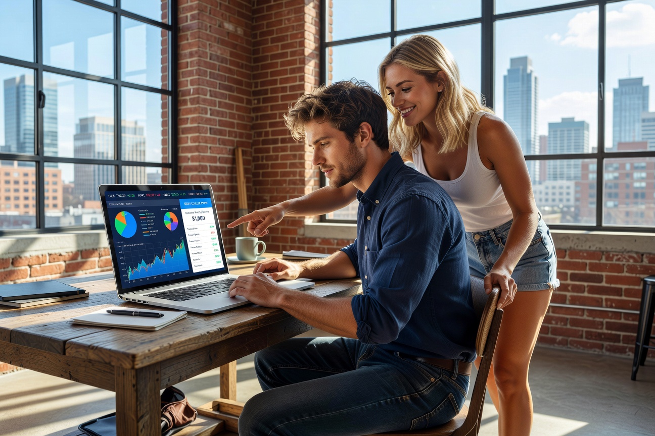 Young White man in casual attire, intently reviewing financial charts on a laptop with his cheerful girlfriend beside him in a modern loft apartment, vibrant city skyline view