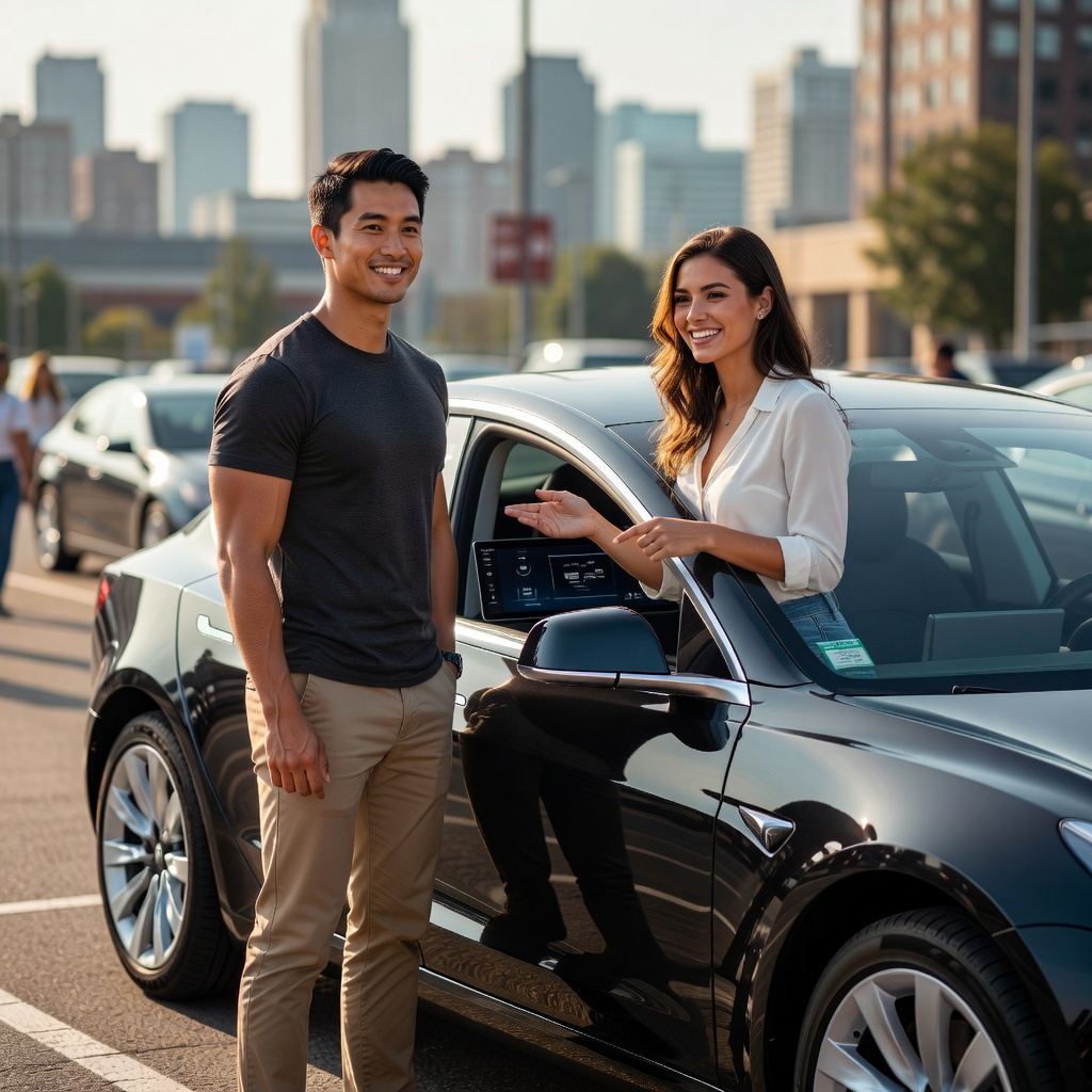 Healthy young Asian man standing beside a sleek used electric vehicle, grinning with his attractive girlfriend who points excitedly at the dashboard, urban parking lot background