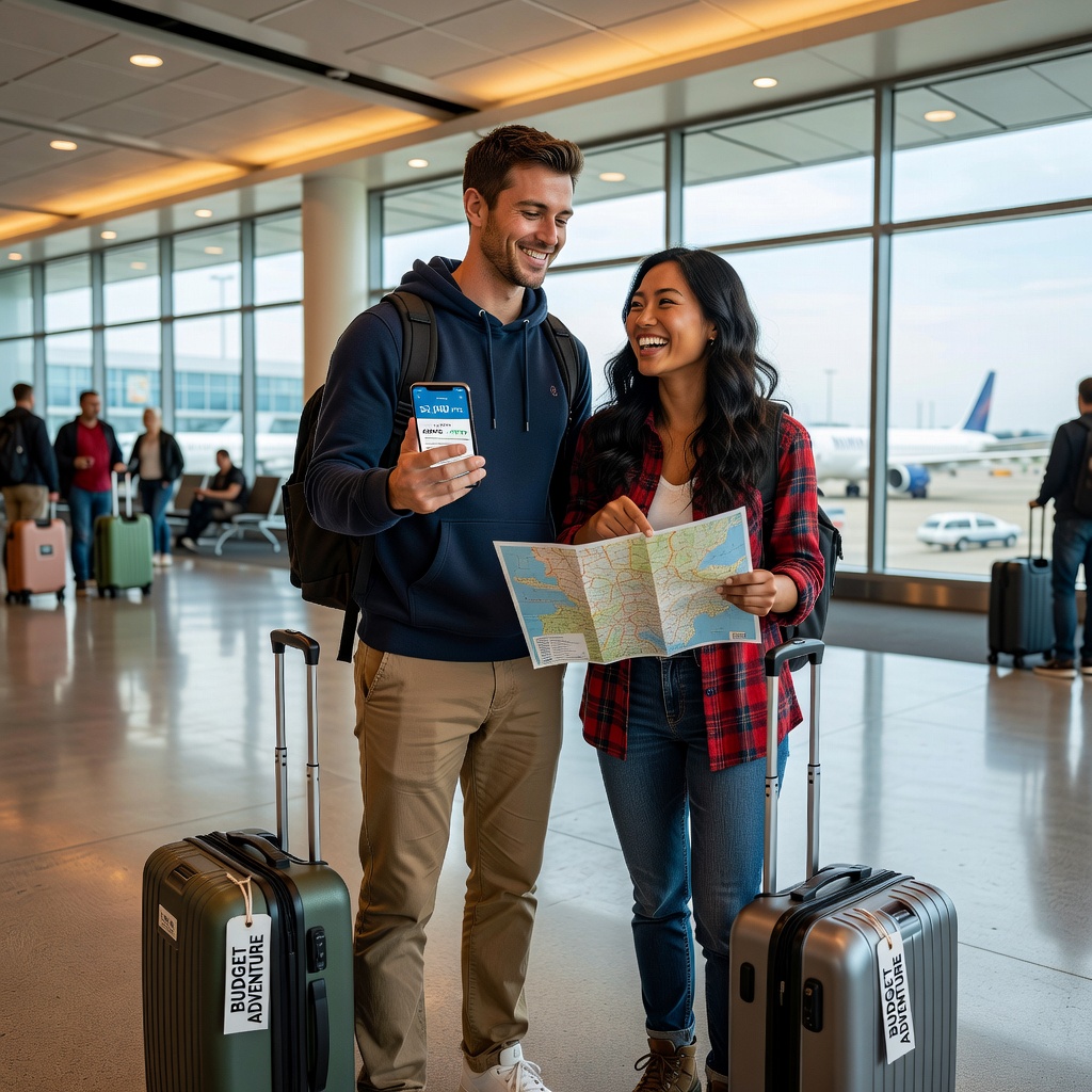 Fit young White couple, cheerful man and his good-looking girlfriend, packing smart luggage for a budget adventure, airport scene with maps and investment apps on phone
