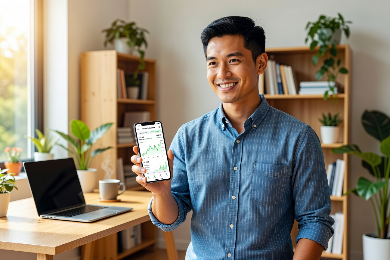 Alex Chen confidently explaining bro math on his phone screen in a modern home office